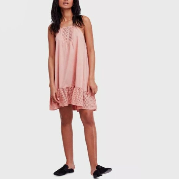 Free People Dresses & Skirts - Free People NWT Calico Trapeze Mini Swing Dress Eyelet Cottage Boho Coral Small